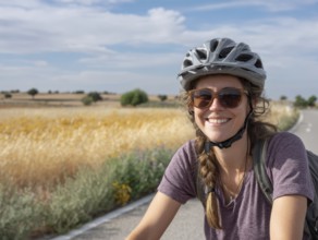 A young woman with a bicycle helmet rides a bicycle and smiles friendly into the camera, AI