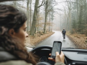 A car driver looks at her smartphone while driving and puts herself and the cyclist in front in