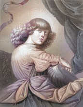 Angel making music with a guitar, A boy with curly hair looks at the viewer, in a colourful robe,