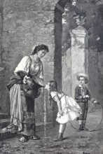 Great Thirst, Woman Letting Girl Drink Water from a Large Jug, c. 1860, A woman pouring water while