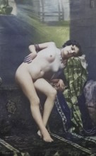 Nude woman from around 1899, erotic postcard, Playgirl, Naked woman resting on fabric, dream state,