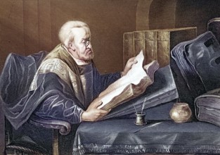 A scholar with a book at a desk, reading, Elderly man reading intently in a book, quiet study room