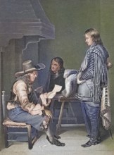 The orderly, a soldier on detachment to deliver orders, hands a letter to a man, Three men in