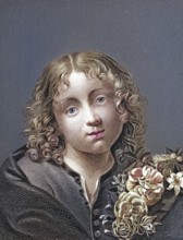 Jesus Christ as a boy, portrait of a child with curly hair and bouquet of flowers, gentle and