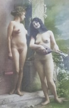 Female nude from around 1899, erotic postcard, two naked woman, one playing a string instrument, in