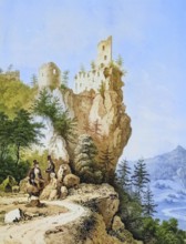 Neideck castle ruins around 1850, former high medieval aristocratic castle above the village of