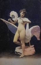 Female nude from around 1899, erotic postcard, Playgirl, A standing woman with a fan next to a swan