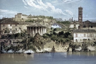 Temple of Hercules Victor and Cloaca Maxima, part of an ancient canal system in Rome, around 1850,
