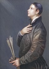 The Vow, after a painting by Titian, A young man in Renaissance style prays with arrows in his