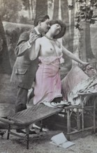 Female nude from around 1899, erotic postcard, playgirl, couple dancing passionately on a bench in