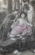 Female nude from around 1899, erotic postcard, playgirl, man striving for woman on a bench in a