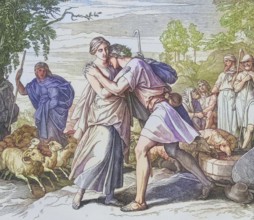 Biblical story, Jacob and Rachel at the well, digitally enhanced reproduction of a wood engraving
