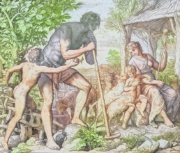 Biblical story, Adam and Eve after the Fall, digitally enhanced reproduction of a wood engraving by