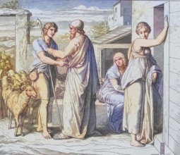 Biblical story, Jacob makes a covenant for Rachel, digitally enhanced reproduction of a wood