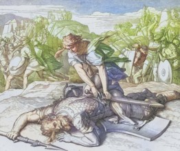 Biblical story, David kills the giant Goliath, digitally enhanced reproduction of a wood engraving
