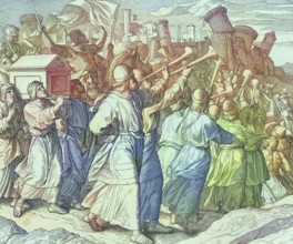 Biblical history, The walls of Jericho fall, digitally enhanced reproduction of a wood engraving by