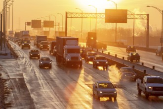 Traffic entering the city of Montreal at sunset, Traffic jam, Province of Quebec, Canada, North