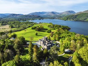 Wray Castle from a drone, Lake Windermere, Ambleside, Lake District, Cumbria, England, United