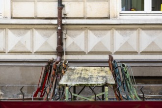 Folded chairs at a beer table in the Luisenstraße in Wuppertal, Germany