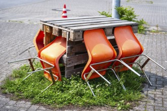 Improvised table made from euro pallets in a car park in Hagen, Germany