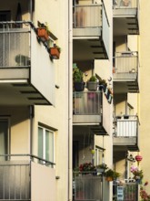 Balconies with planted flower boxes on a tower block in Wuppertal, Germany
