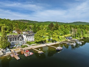 Windermere Lake from drone over Fell Foot Park, Lake District, Cumbria, England, United Kingdom