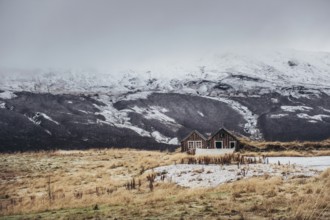 Hut close to the geysers in southern iceland, in the morning, winter, Golden Circle, Mountains,