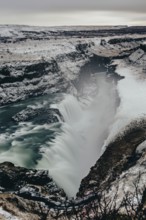 Gulfoss Waterfall in southern iceland, Winter, Golden Circle, Mountains, River, Snow, Iceland,