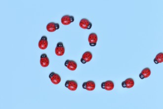 Small wooden ladybug ornaments on blue background