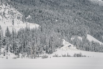 Winter road trip on the Icefields Parkway with lots of snow and ice, Banff National Park, Jasper