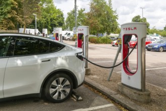 Charging point facility for Tesla electric vehicles at service station, M25 South Mimms services,