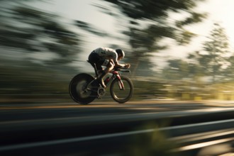 A cyclist, racing cyclist riding his racing bike fast on a road through a rural area, motion blur,