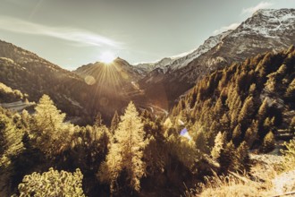 Autumn atmosphere in the Swiss Alps in the Engadine. Photographed from the village of Maloja on the