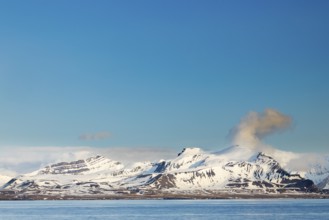 Mountain range, snow, sea, Spitsbergen, Svalbard