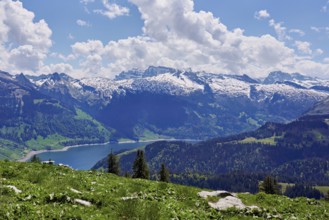 View of the snow-covered Alps and Lake Wägital, Canton Schwyz, Switzerland