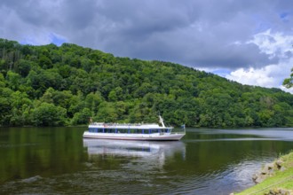 Excursion boat on the Rursee, Rursee boat trip, Rur dam, Rur reservoir, Einruhr, North Eifel,