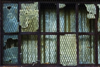 The weathered window features damaged glass and rusty metal bars, showing signs of decay and