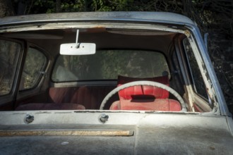 A deserted vintage car sits in a state of disrepair, showcasing a cracked windshield and a faded