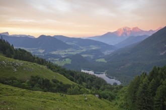 Magical sunset at the Halsalm above the Hintersee with views of the Hoher Göll and Untersberg