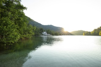 Sunrise in summer at Lake Thumsee near Bad Reichenhall with a view of the Seewirt