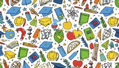 Colorful doodle pattern of education elements, vibrant geometric vector illustration, AI generated