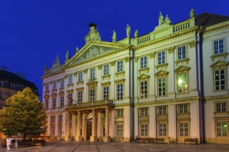 Night shot of Primitial Square and Primitial Palace in the historic centre of Bratislava, Slovakia
