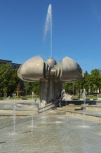Freedom Square with a fountain in the shape of a lime blossom in Bratislava, Slovakia