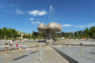 Freedom Square with a fountain in the shape of a lime blossom in Bratislava, Slovakia