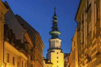 Night shot of St Michael's Gate (Michalská brána) in Bratislava, Slovakia