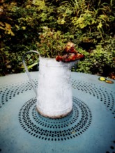 A weathered metal watering can holds dried flowers, placed on a turquoise table with intricate