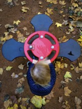 A young child is playing with a vibrant red spinner at a playground, surrounded by fallen yellow