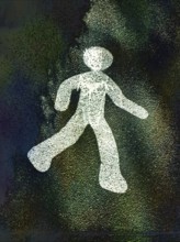 A simple yet striking outline of a walking figure in white stands out against a rich, textured dark
