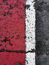 Bright red and white lines mark the asphalt surface, showcasing a clear division. A shoe is