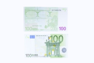 100 euro banknotes, 100 Euro, on white background
